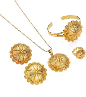 Ethiopian Jewelry Sets Pendant Necklaces Earrings Ring Bangles for Womens Gold Color Eritrean African Bride Gifts