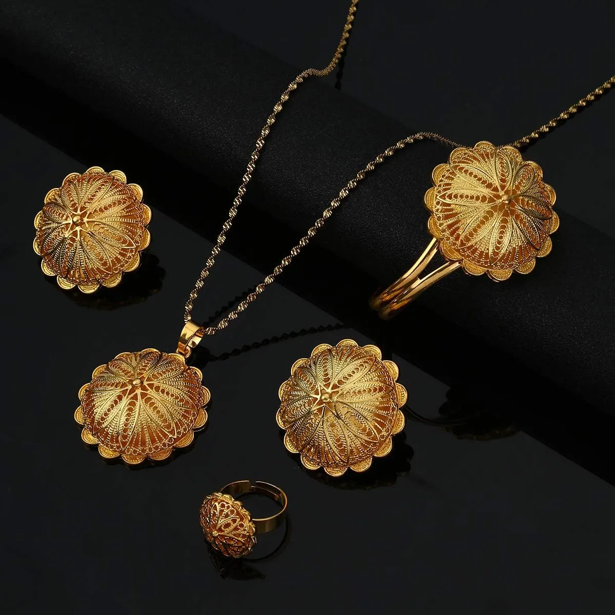 Ethiopian Jewelry Sets Pendant Necklaces Earrings Ring Bangles for Womens Gold Color Eritrean African Bride Gifts