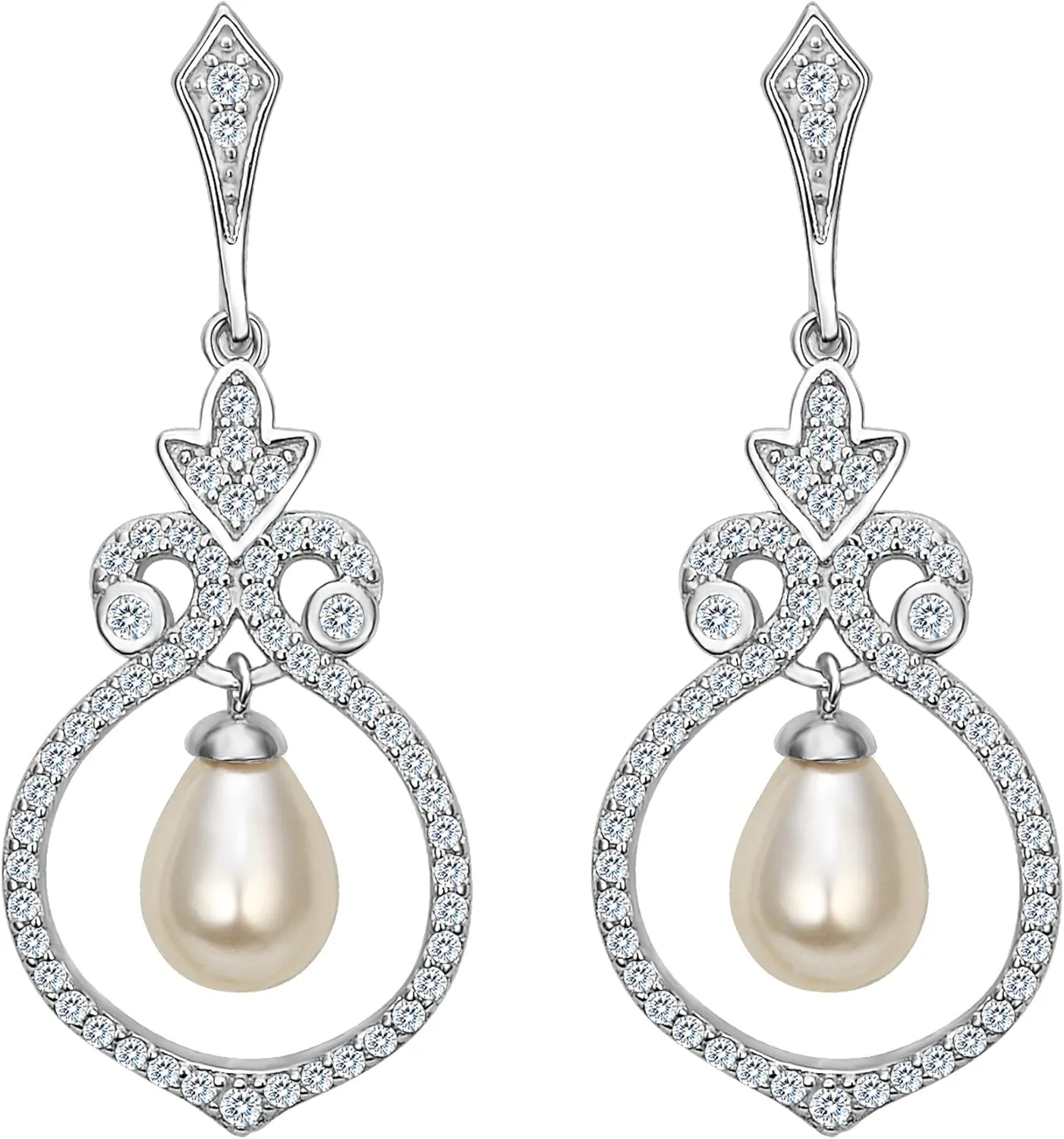 EVER FAITH 925 Sterling Silver Clear CZ Simulated Pearl Vintage Style Floral Wedding Chandelier Dangle Earrings for Women