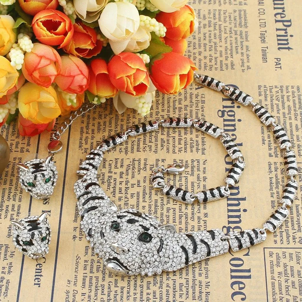 EVER FAITH Austrian Crystal Enamel Big Tiger Head Necklace Stud Earrings Set