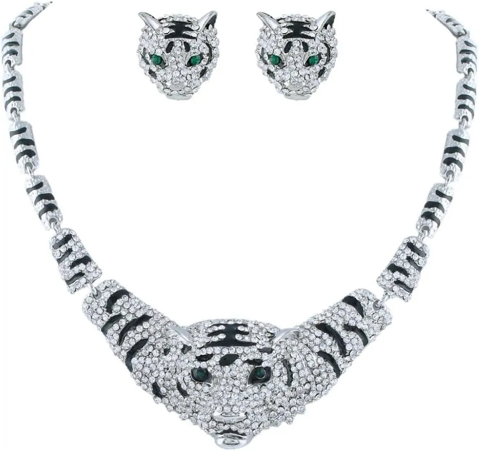 EVER FAITH Austrian Crystal Enamel Big Tiger Head Necklace Stud Earrings Set