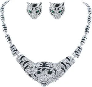 EVER FAITH Austrian Crystal Enamel Big Tiger Head Necklace Stud Earrings Set
