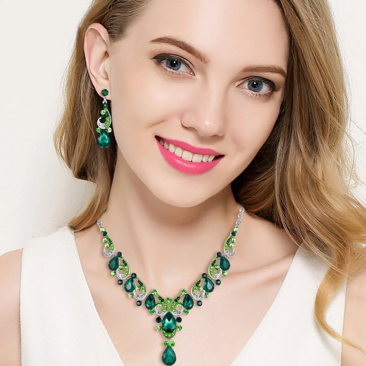 EVER FAITH Crystal Gorgeous Wedding Wave Teardrop Necklace Earrings Set for Bride, Women
