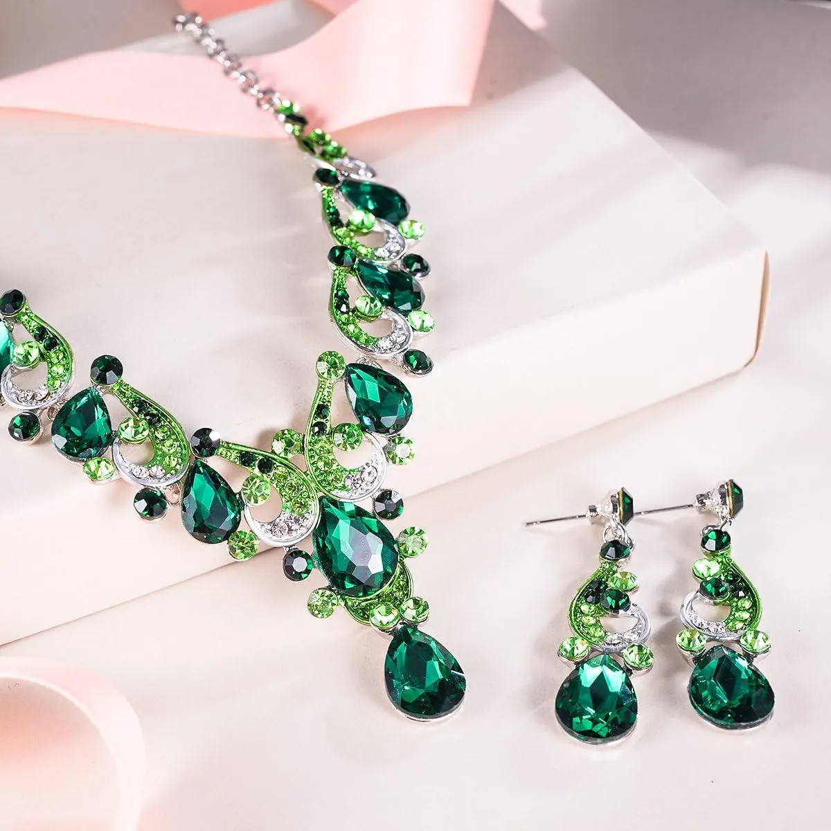 EVER FAITH Crystal Gorgeous Wedding Wave Teardrop Necklace Earrings Set for Bride, Women