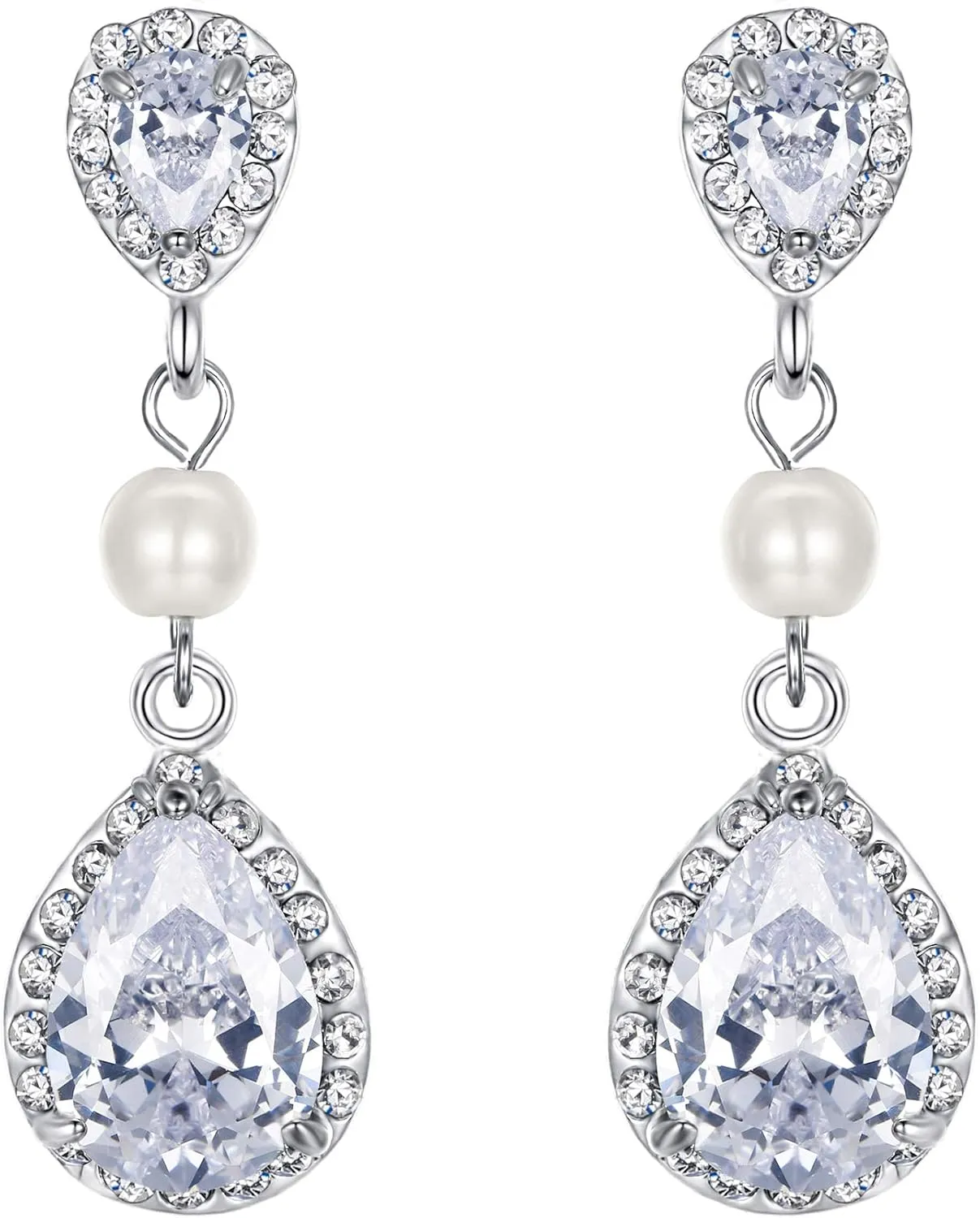 EVER FAITH Wedding Bride Zircon Crystal Jewelry Ivory Color Simulated Pearl Tear Drop Pierced Dangle Earring for Women Clear