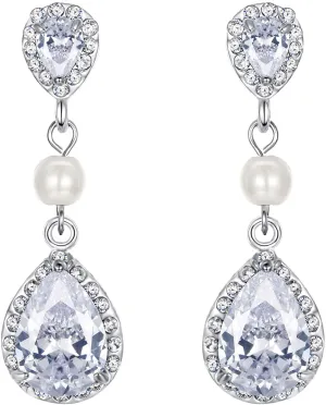 EVER FAITH Wedding Bride Zircon Crystal Jewelry Ivory Color Simulated Pearl Tear Drop Pierced Dangle Earring for Women Clear