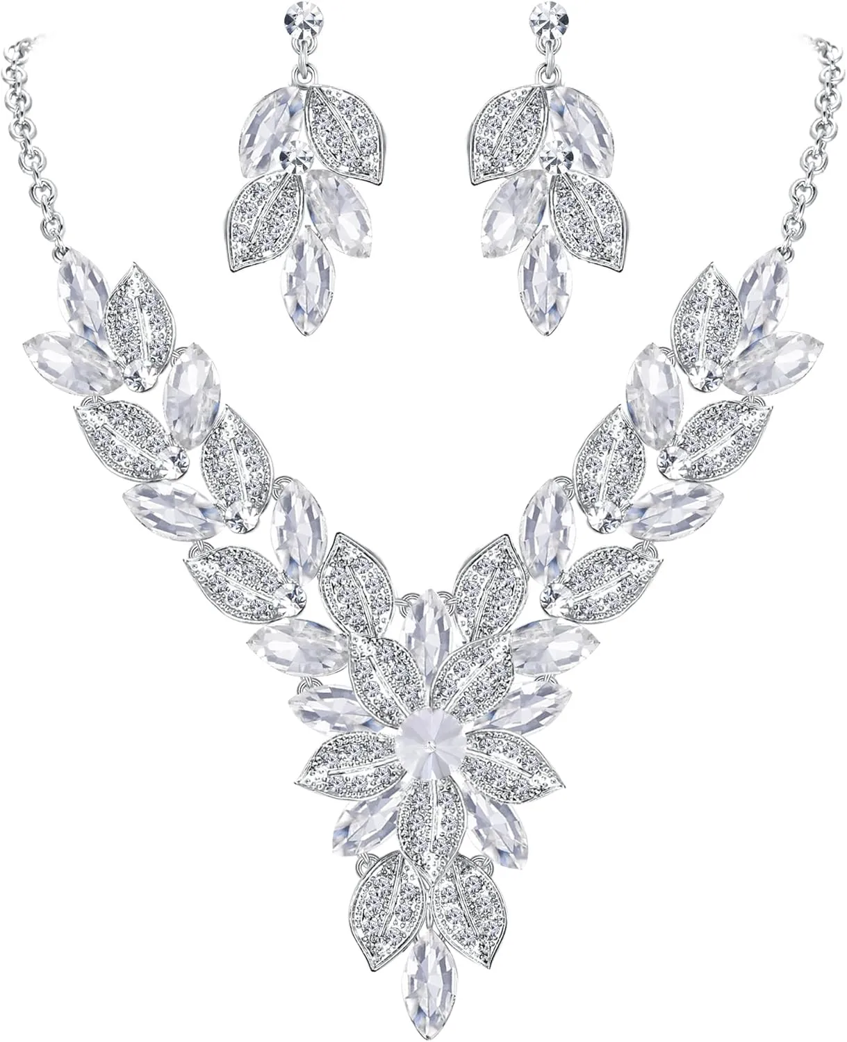 EVER FAITH Women's Crystal Elegant Bridal Cluster Flower Leaf Drop Necklace Earrings Set