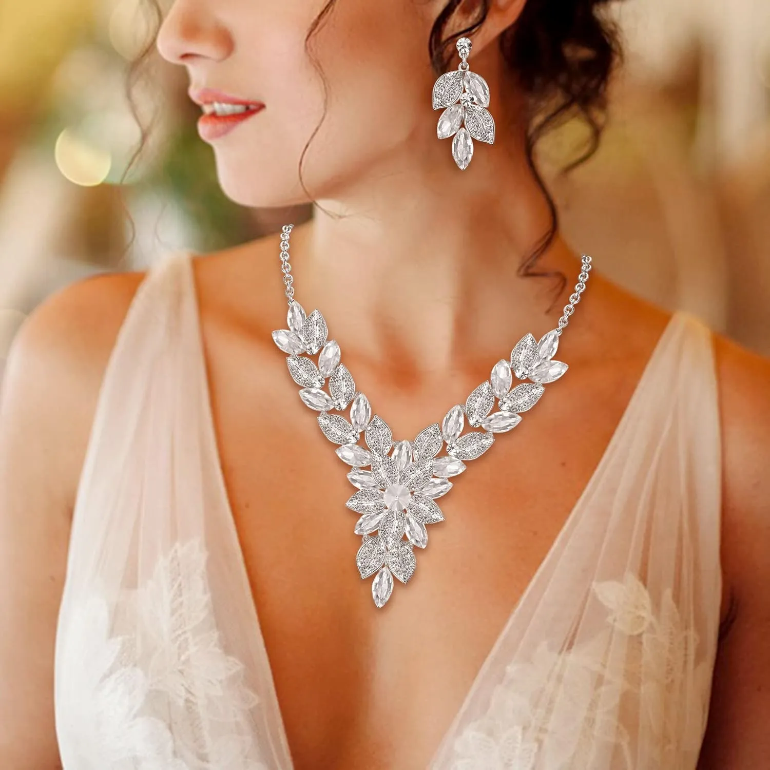 EVER FAITH Women's Crystal Elegant Bridal Cluster Flower Leaf Drop Necklace Earrings Set