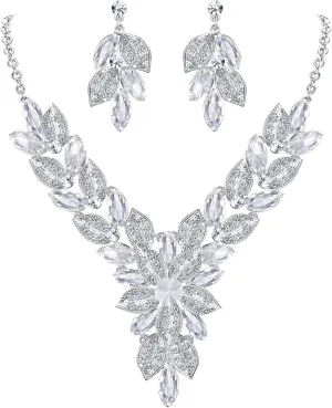 EVER FAITH Women's Crystal Elegant Bridal Cluster Flower Leaf Drop Necklace Earrings Set