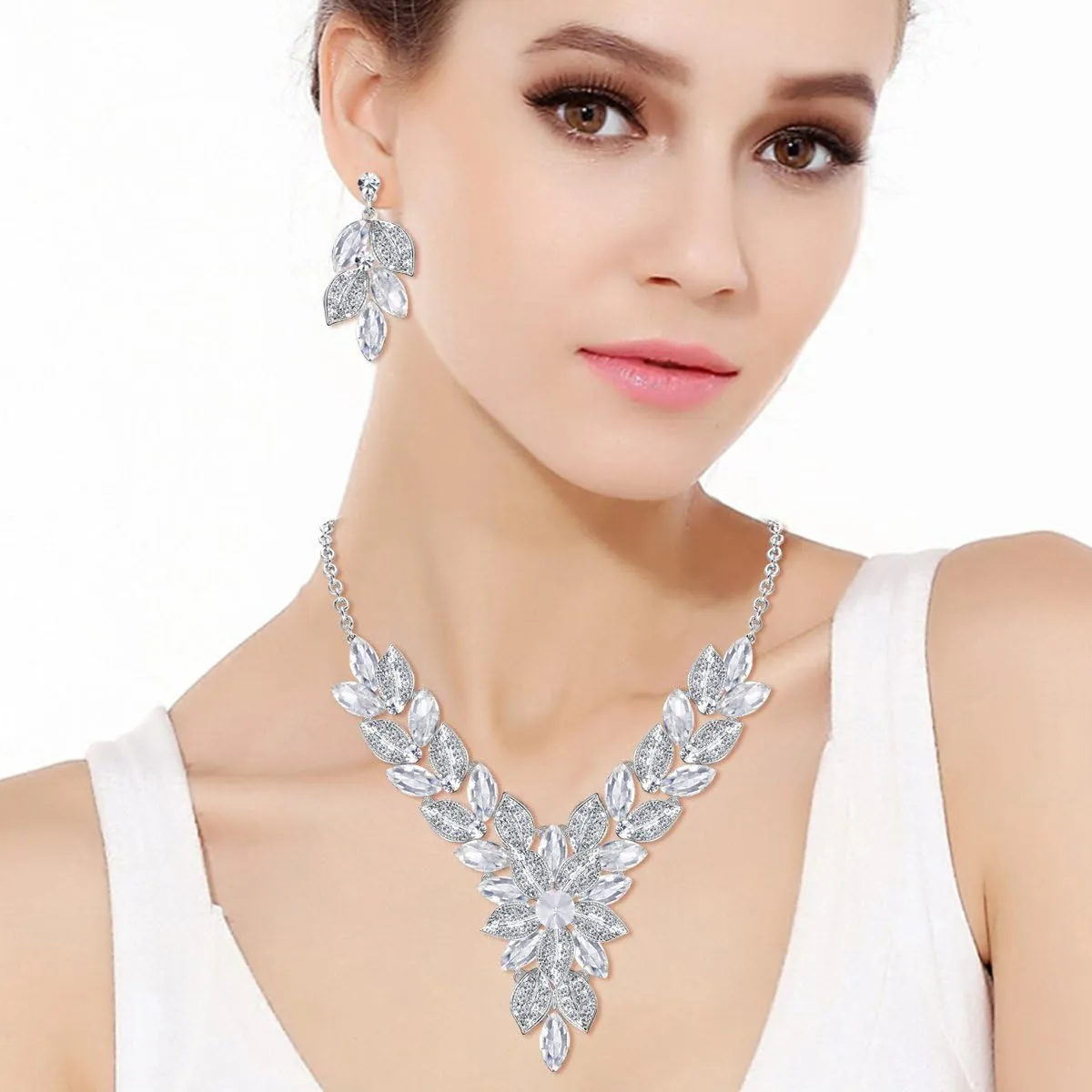 EVER FAITH Women's Crystal Elegant Bridal Cluster Flower Leaf Drop Necklace Earrings Set