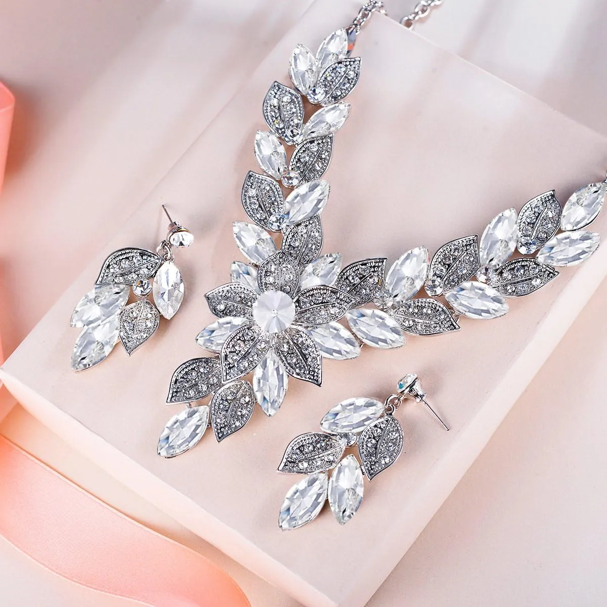 EVER FAITH Women's Crystal Elegant Bridal Cluster Flower Leaf Drop Necklace Earrings Set