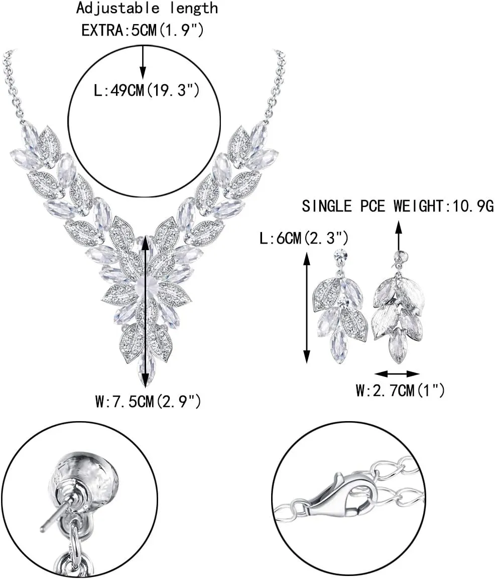 EVER FAITH Women's Crystal Elegant Bridal Cluster Flower Leaf Drop Necklace Earrings Set