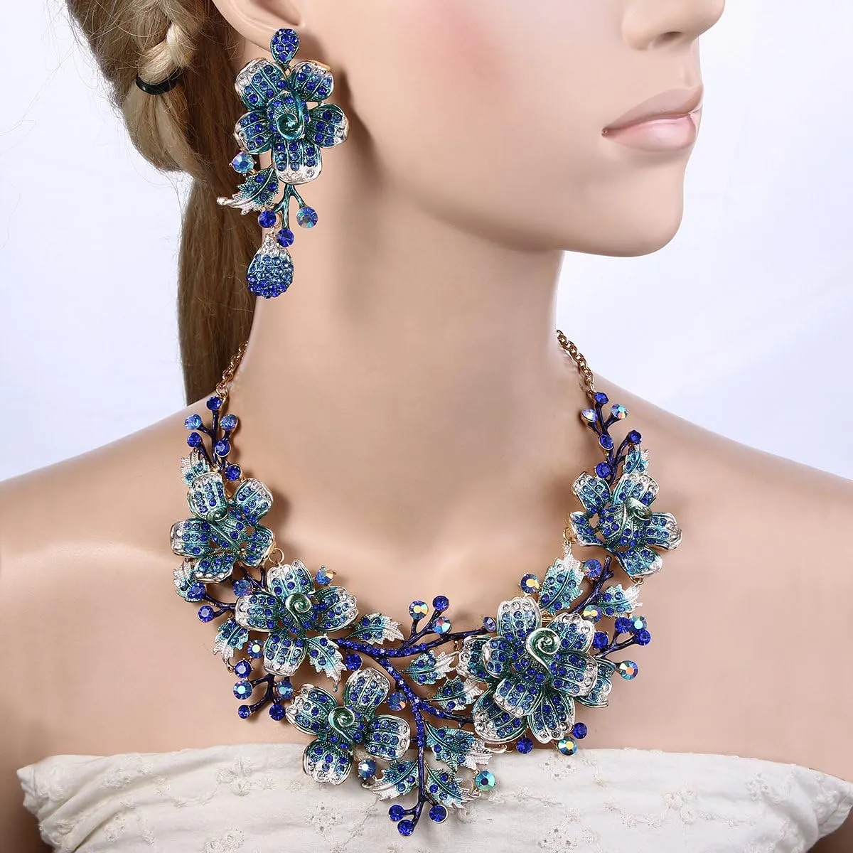 EVER FAITH Women's Crystal Elegant Flower Leaf Bridal Necklace Earrings Set