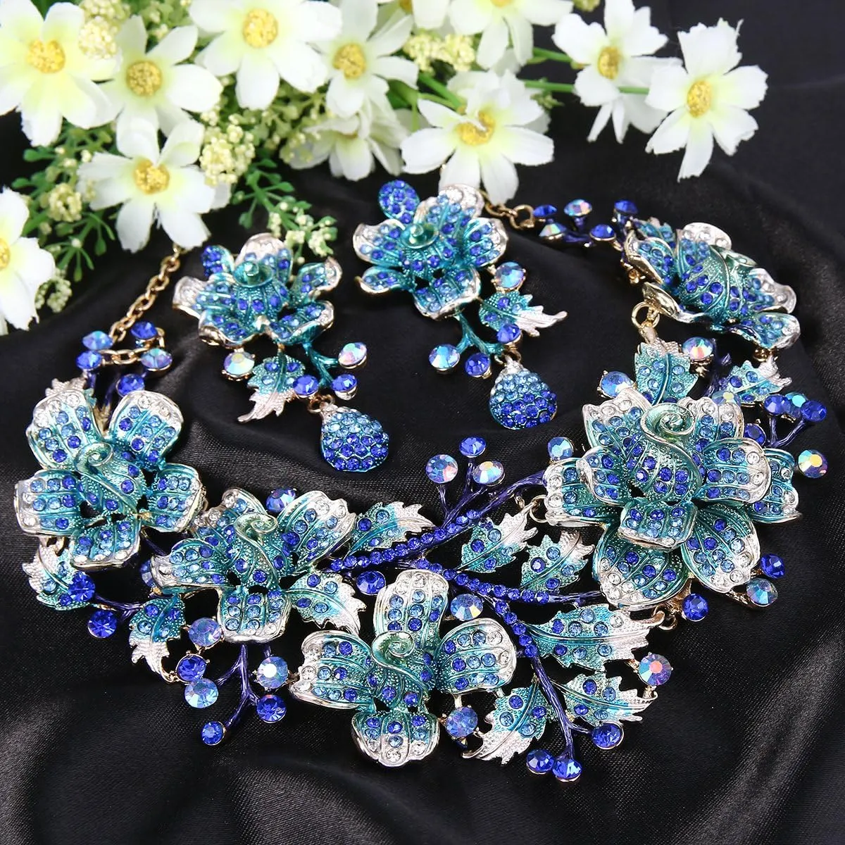 EVER FAITH Women's Crystal Elegant Flower Leaf Bridal Necklace Earrings Set