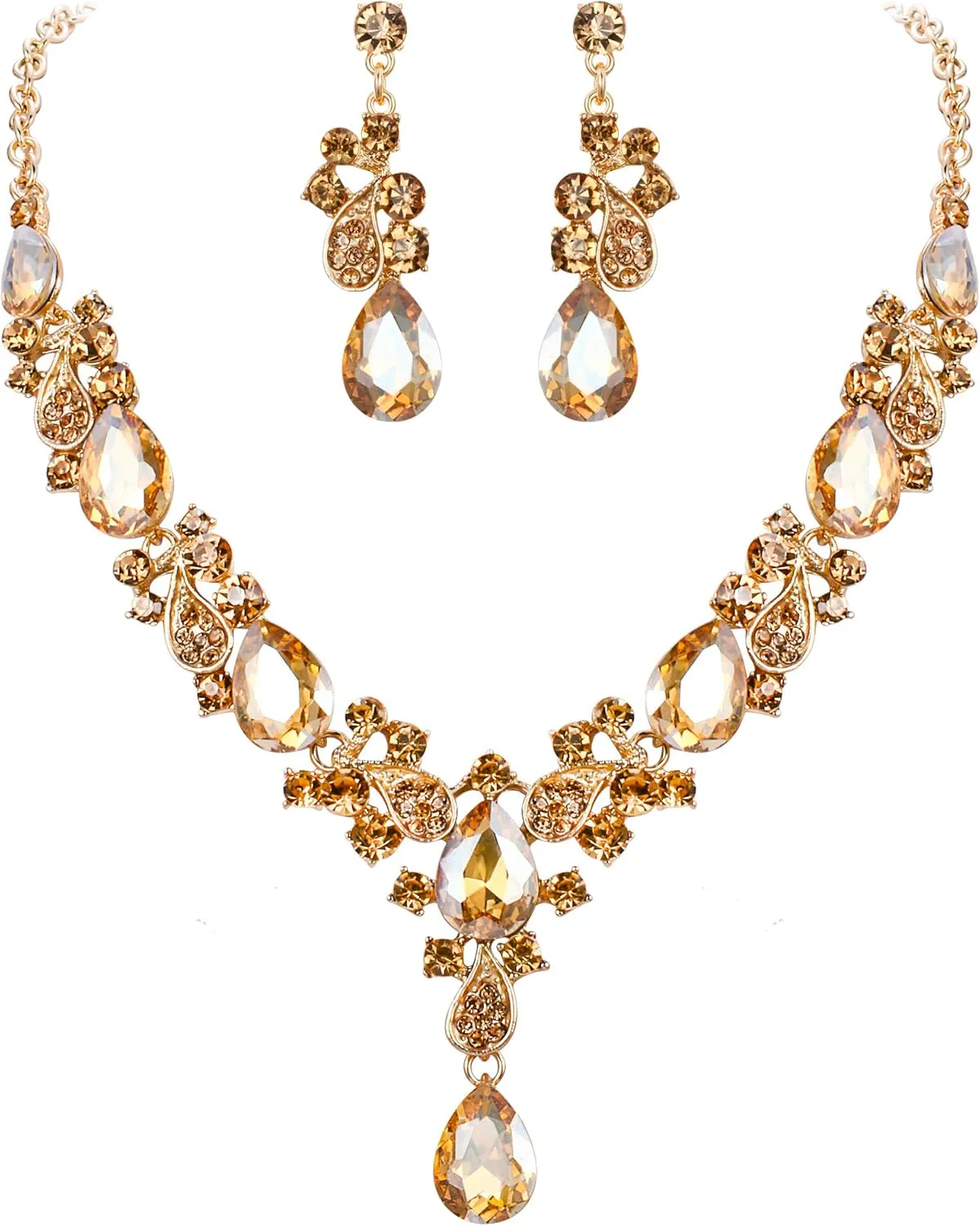 EVER FAITH Women's Wedding Bridal Jewelry Accessory Crystal Elegant Teardrop Leaf Vine Necklace Earrings Set