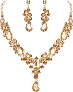 EVER FAITH Women's Wedding Bridal Jewelry Accessory Crystal Elegant Teardrop Leaf Vine Necklace Earrings Set