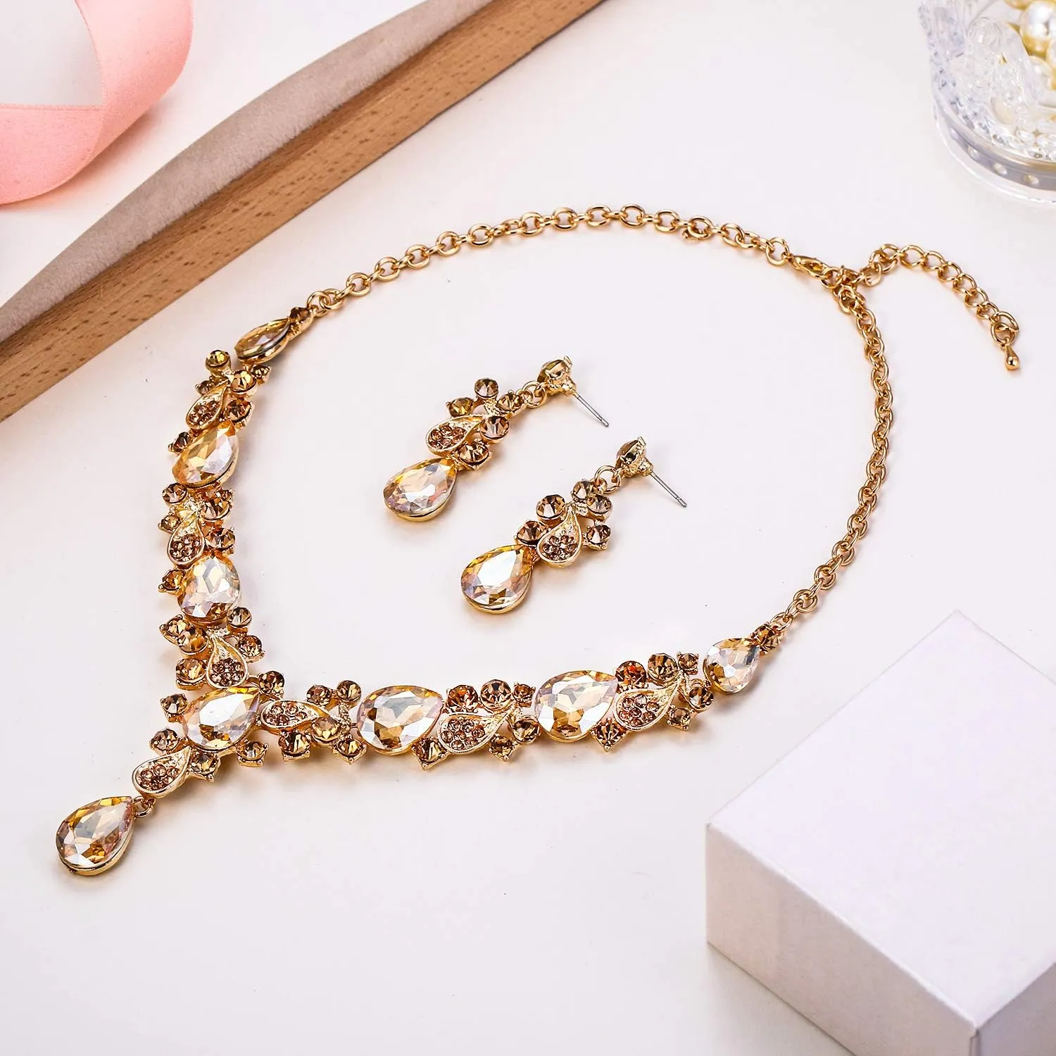 EVER FAITH Women's Wedding Bridal Jewelry Accessory Crystal Elegant Teardrop Leaf Vine Necklace Earrings Set