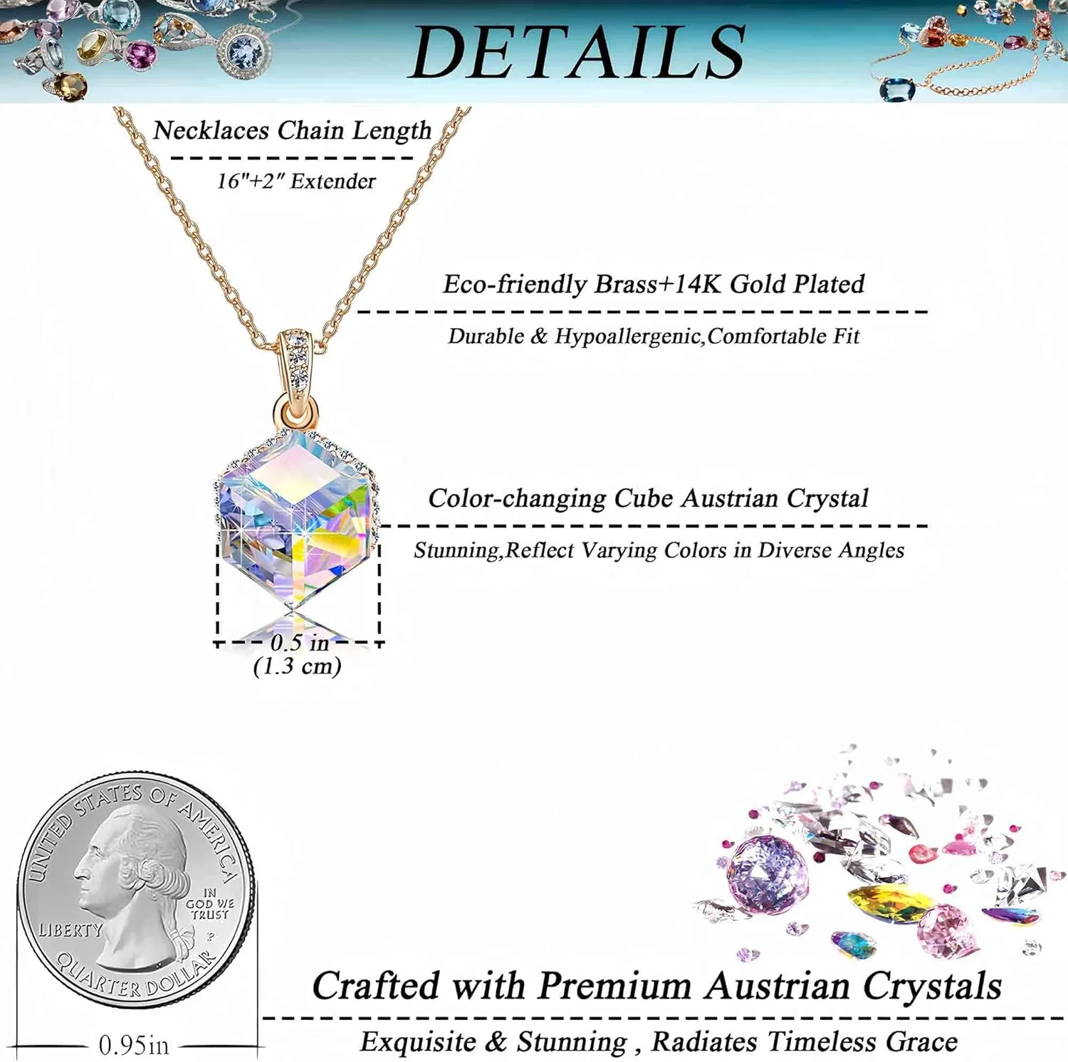 EVEVIC Color Changing Cubic Austrian Crystal Pendant Necklaces for Women 14K Gold Plated Hypoallergenic Jewelry