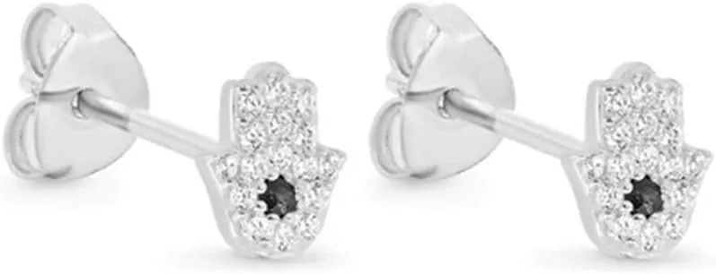 Evil Eye on Palm Mini Cute Cubic Zirconia Stud Earrings for Women 925 Sterling Silver Delicate Mystic Hamsa Hand of Fatima Cartilage Tragus Post Studs Dainty Birthday Gifts