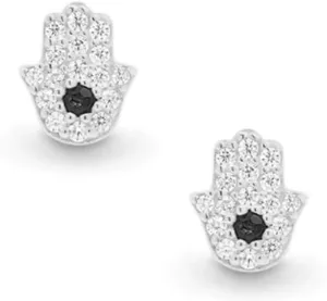 Evil Eye on Palm Mini Cute Cubic Zirconia Stud Earrings for Women 925 Sterling Silver Delicate Mystic Hamsa Hand of Fatima Cartilage Tragus Post Studs Dainty Birthday Gifts