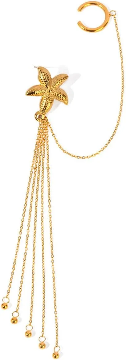 Fashion Star Cuff Earring Chain Drop Stainless Steel Dangling Earrings with CZ Inlaid Hoop Wrap Threader Tassel Earrings Crawler Climber Earring Planet for Women Star Crawler Earring Wrap Earrings