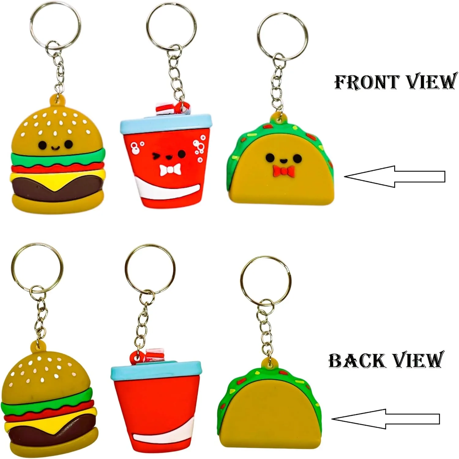 Fast Food Keychains  2.25 Inch Miniature Foodie Key Chains (Pack) Pizza, Pop Corn, Taco, Burger, Fries, Soda