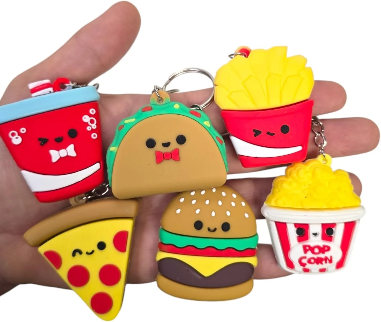 Fast Food Keychains  2.25 Inch Miniature Foodie Key Chains (Pack) Pizza, Pop Corn, Taco, Burger, Fries, Soda