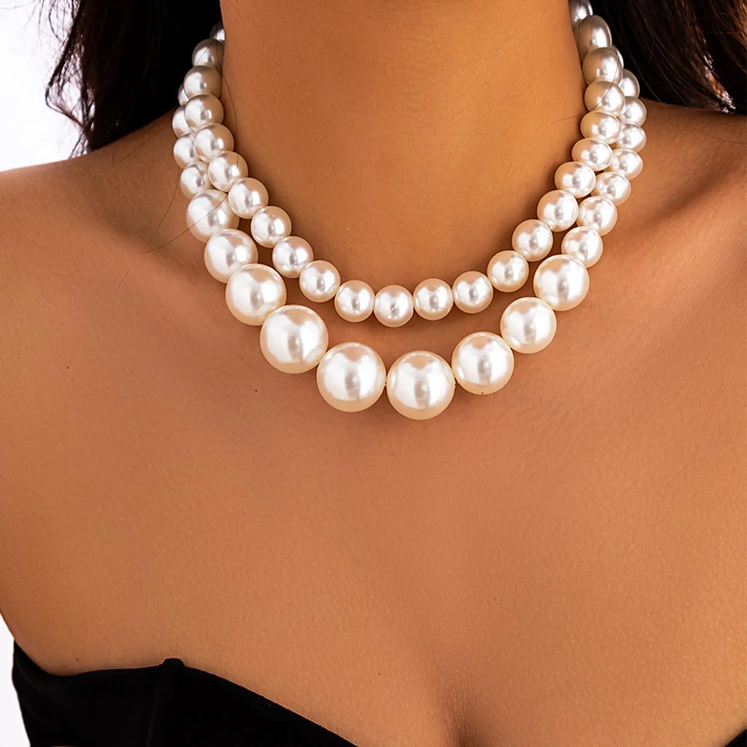 Faux Pearls Beaded Necklaces - Stackable Layered Choker Necklace - Large Pearl Statement Necklace - Bridal Wedding Party Jewelry Gift