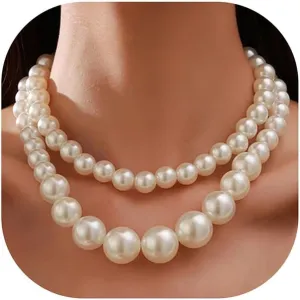 Faux Pearls Beaded Necklaces - Stackable Layered Choker Necklace - Large Pearl Statement Necklace - Bridal Wedding Party Jewelry Gift