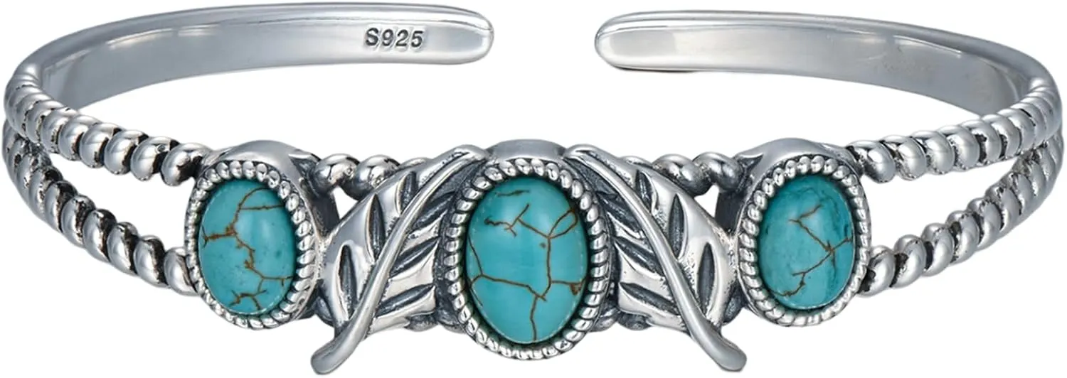Feather Turquoise Cuff Bracelet for Women 925 Sterling Silver Genuine Oval Turquoise Bangles Western Style Bangles Vintage Turquoise Bracelet Boho Jewelry for Birthday Christmas