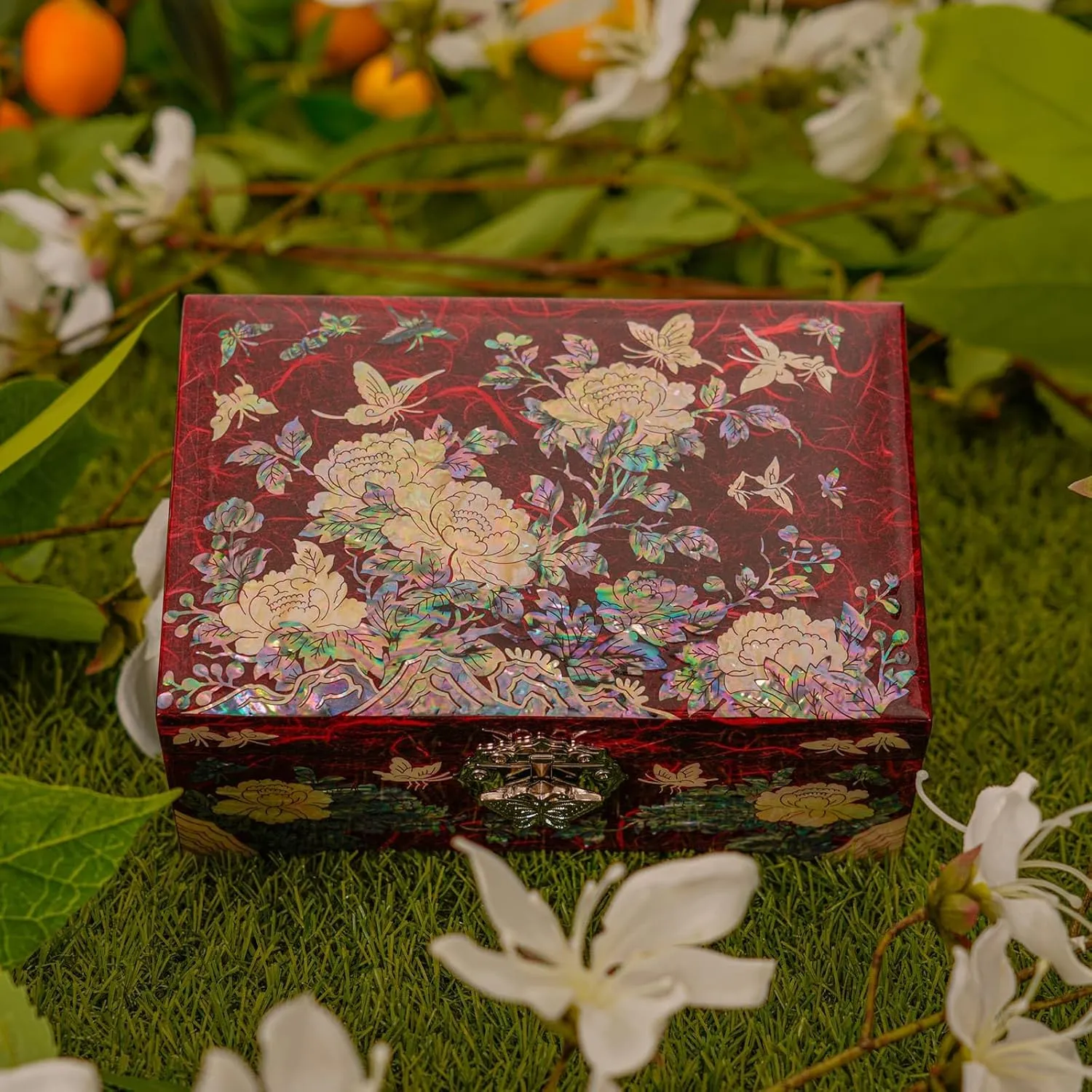 February Mountain Mother of Pearl Jewelry Organizer Box with Ring Tray - Gifts for Women Unique gift for women who have everything