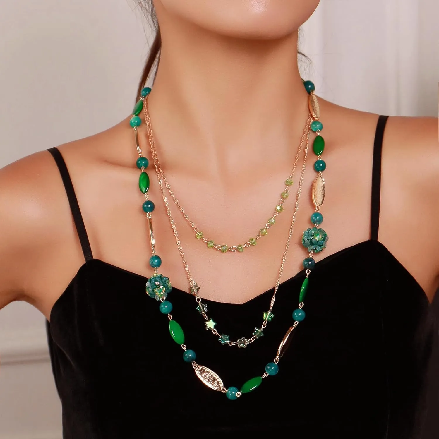 Firstmeet Bohemian Beaded Choker Necklace Layered Long Strand Statement Necklace Costume Gifts for Women