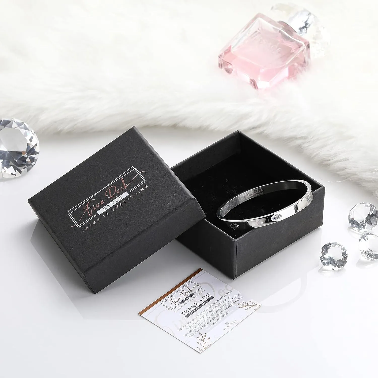 Five Rock Style Elegant Chamsa Hand Bracelet Bangles Gift Box, Silver, Friendship Jewelry for Women, Girls, Teens and Friends, No More Evil Eye, Stainless Steel Hinged Bangle with Select Cubic Zirconias