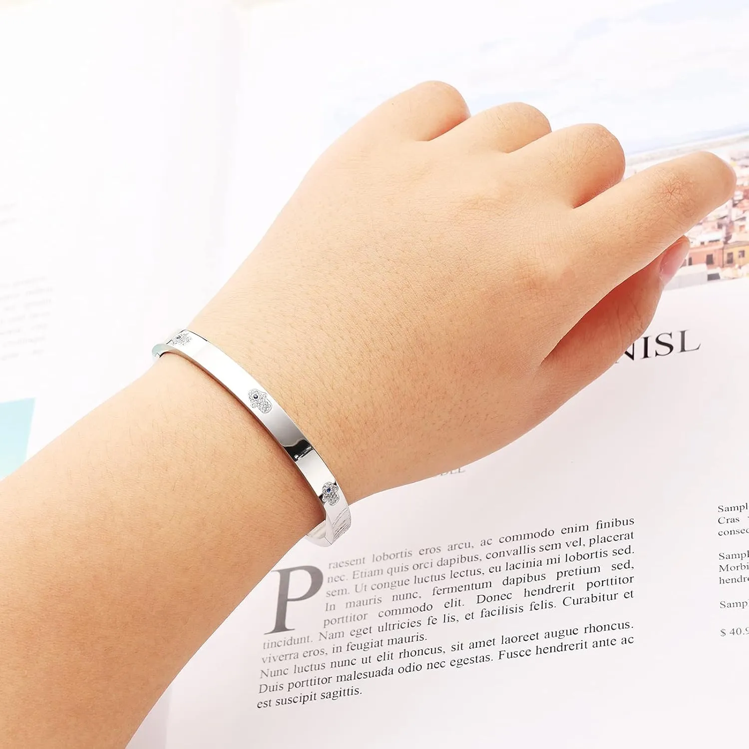 Five Rock Style Elegant Chamsa Hand Bracelet Bangles Gift Box, Silver, Friendship Jewelry for Women, Girls, Teens and Friends, No More Evil Eye, Stainless Steel Hinged Bangle with Select Cubic Zirconias