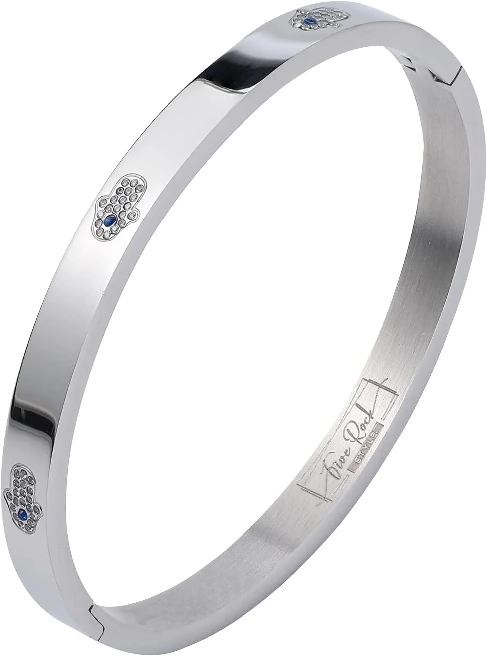 Five Rock Style Elegant Chamsa Hand Bracelet Bangles Gift Box, Silver, Friendship Jewelry for Women, Girls, Teens and Friends, No More Evil Eye, Stainless Steel Hinged Bangle with Select Cubic Zirconias