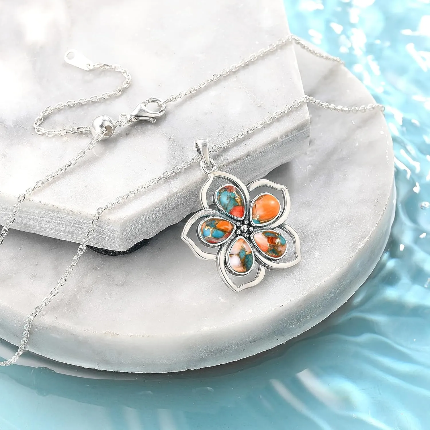 Flower Necklace for Women 925 Sterling Silver Pear Shape Turquoise/Coral/Purple Turquoise/Spiny Turquoise/Mother of Pearl Pendant Necklaces Jewelry Gift for Mother's Day
