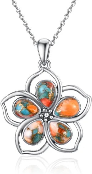 Flower Necklace for Women 925 Sterling Silver Pear Shape Turquoise/Coral/Purple Turquoise/Spiny Turquoise/Mother of Pearl Pendant Necklaces Jewelry Gift for Mother's Day