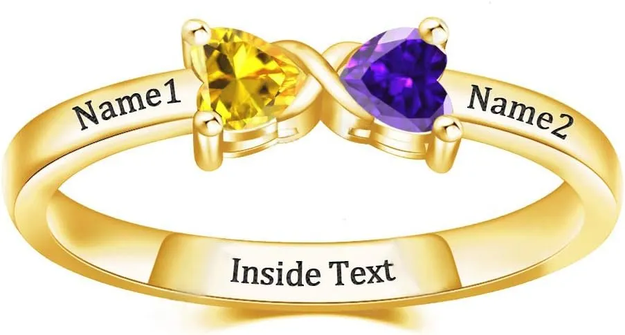 FUJIN Personalized Name Ring,Couples Unique and Heart Birthstones Name Ring,Jewelry for Wife Mom Girlfriend(Gold)