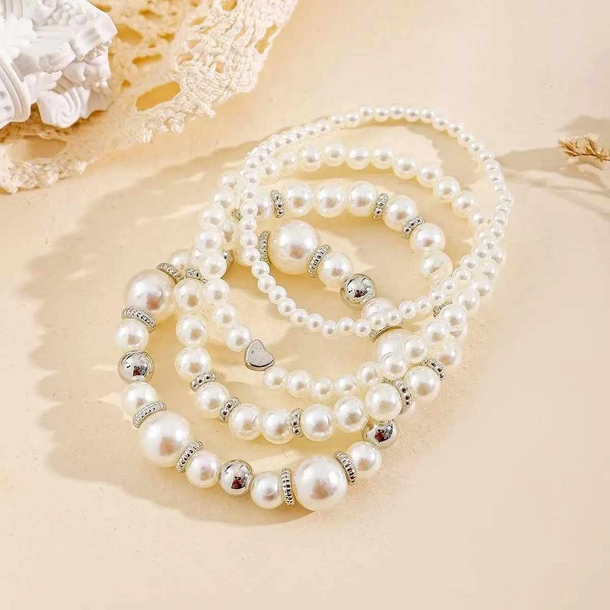 Fuqimanman2020 Chunky Simulated Pearl Stackable Stretch Bracelet Set Beaded Ball Adjustable Multilayered Elastic Bangles for Women Wedding Jewelry