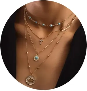 FUTIMELY Boho Layered Cross Choker Necklaces Personality Turquoise Necklace Dainty Hollow Flower Pendant Adjustable Neck Jewelry for Women