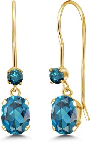 Gem Stone King 14K Yellow Gold London Blue Topaz and Blue Diamond French Wire Dangle Earrings For Women (1.23 Cttw, Gemstone November Birthstone, Oval 6X4MM and Round 2.5MM)