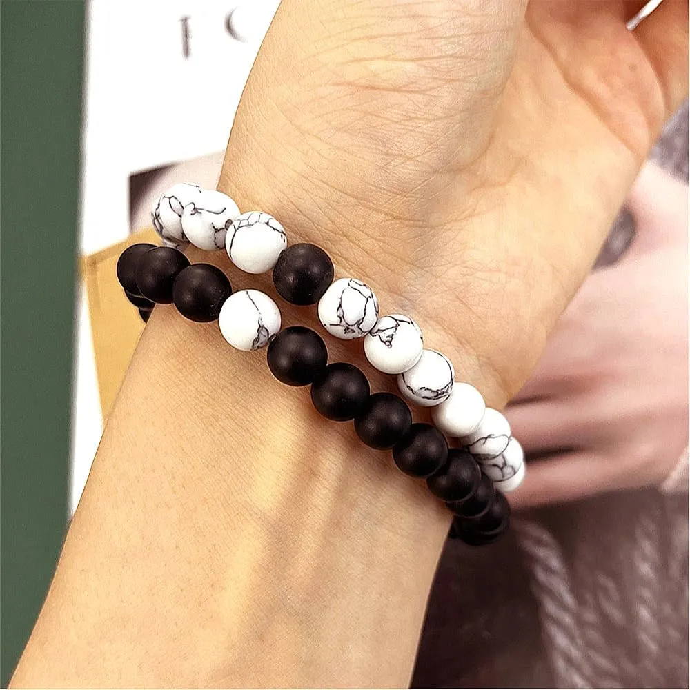 GIGB PBDK Chunky Beaded Matching Couple Ring Bracelet Set,Trendy Matte Bead Card Bangle Set,Charming Anniversary Jewelry Gift for Couple Lover