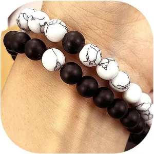 GIGB PBDK Chunky Beaded Matching Couple Ring Bracelet Set,Trendy Matte Bead Card Bangle Set,Charming Anniversary Jewelry Gift for Couple Lover