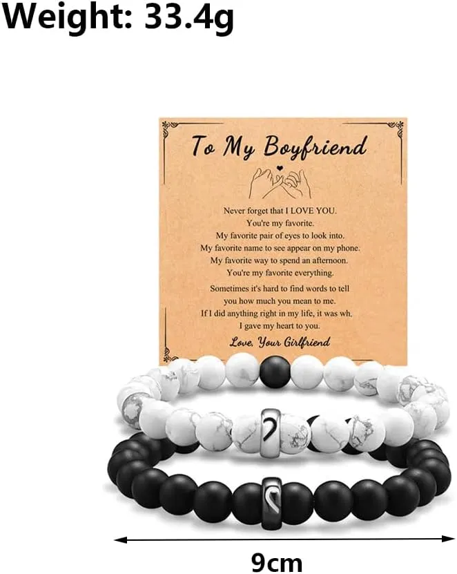 GIGB PBDK Chunky Beaded Matching Couple Ring Bracelet Set,Trendy Matte Bead Card Bangle Set,Charming Anniversary Jewelry Gift for Couple Lover