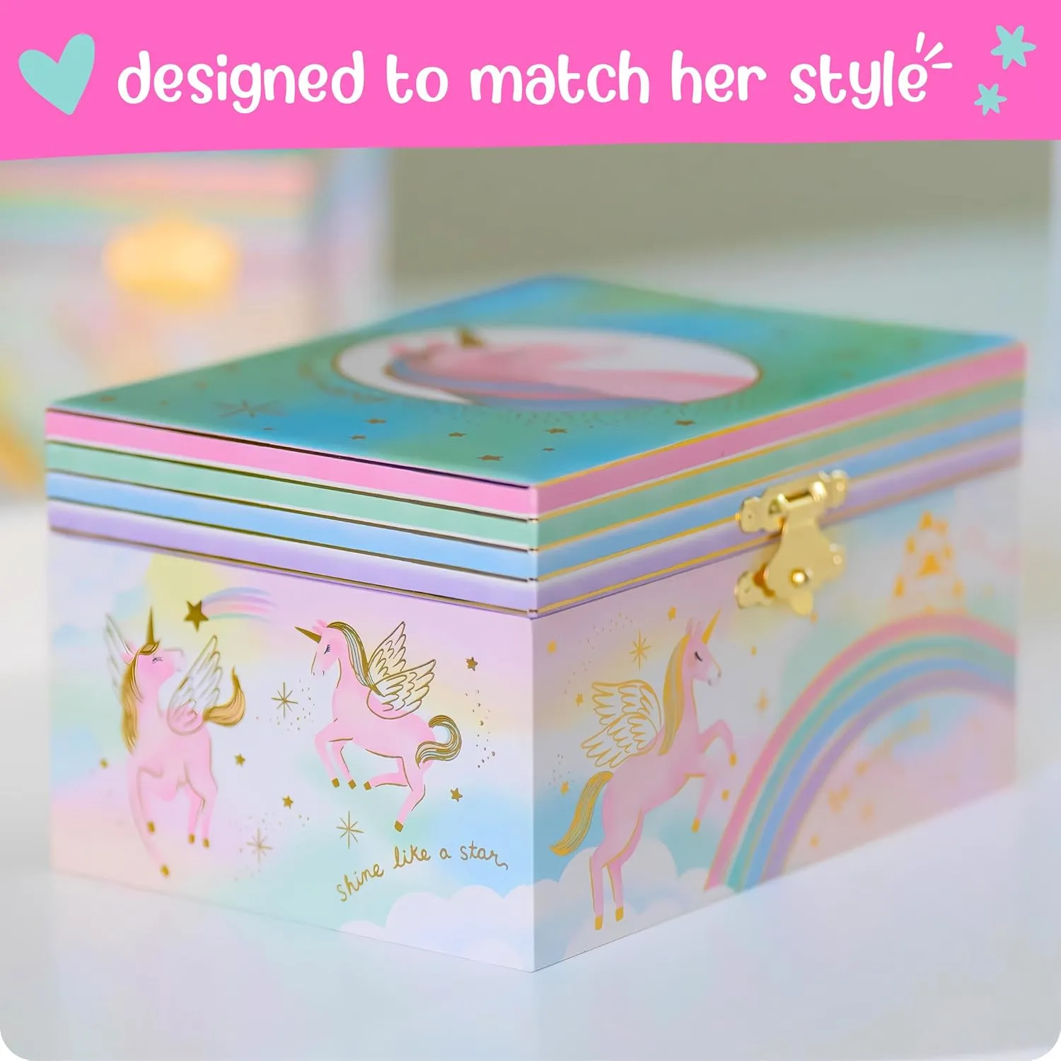 Giggle & Honey Musical Jewelry Box for Girls - Kids Jewelry Box, Unicorn Toys for Girls 4-6, Unicorn Gifts, 6 x 4.7 x 3.5 in
