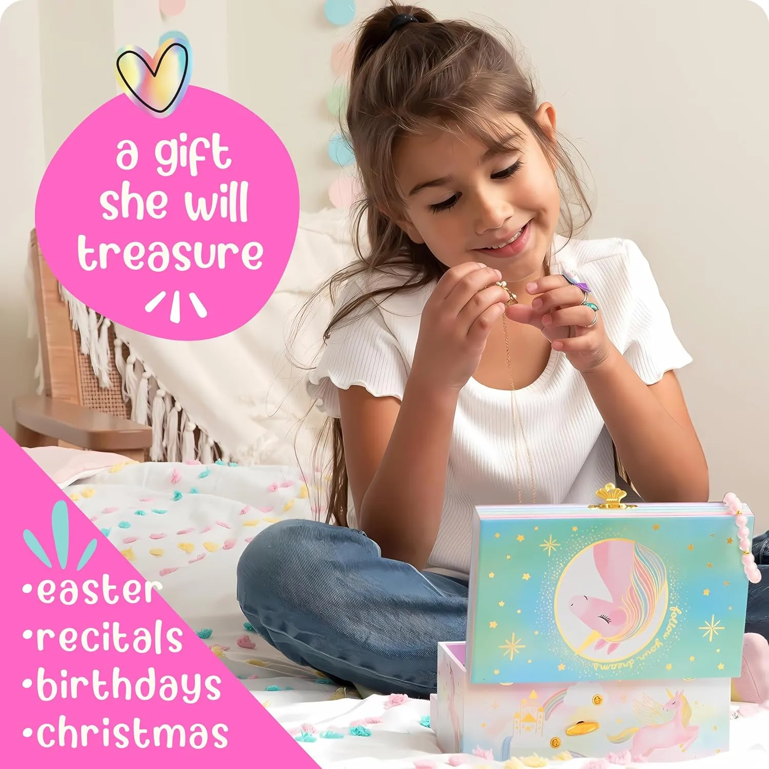 Giggle & Honey Musical Jewelry Box for Girls - Kids Jewelry Box, Unicorn Toys for Girls 4-6, Unicorn Gifts, 6 x 4.7 x 3.5 in