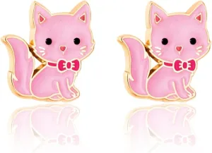 GIRL NATION Earrings for Girls Ages 5 and Up, Hypoallergenic Earrings in Pink Kitty Design