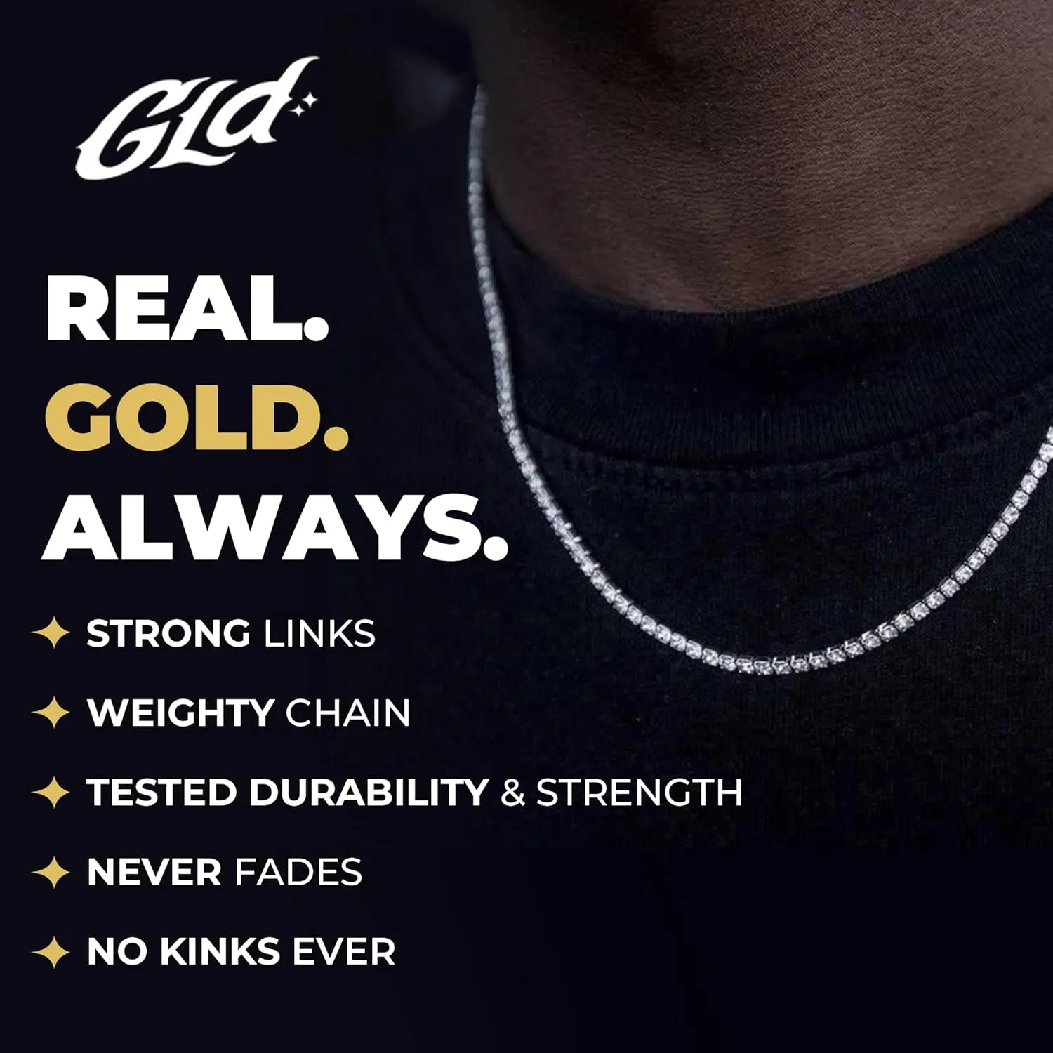 GLD Round Cut Tennis Chain Necklace - Iced Out Chain for Men and Women in Yellow, White and Rose Gold from Micro to 5MM, 16-24 - Available in Canary, Iced and Pink Iced