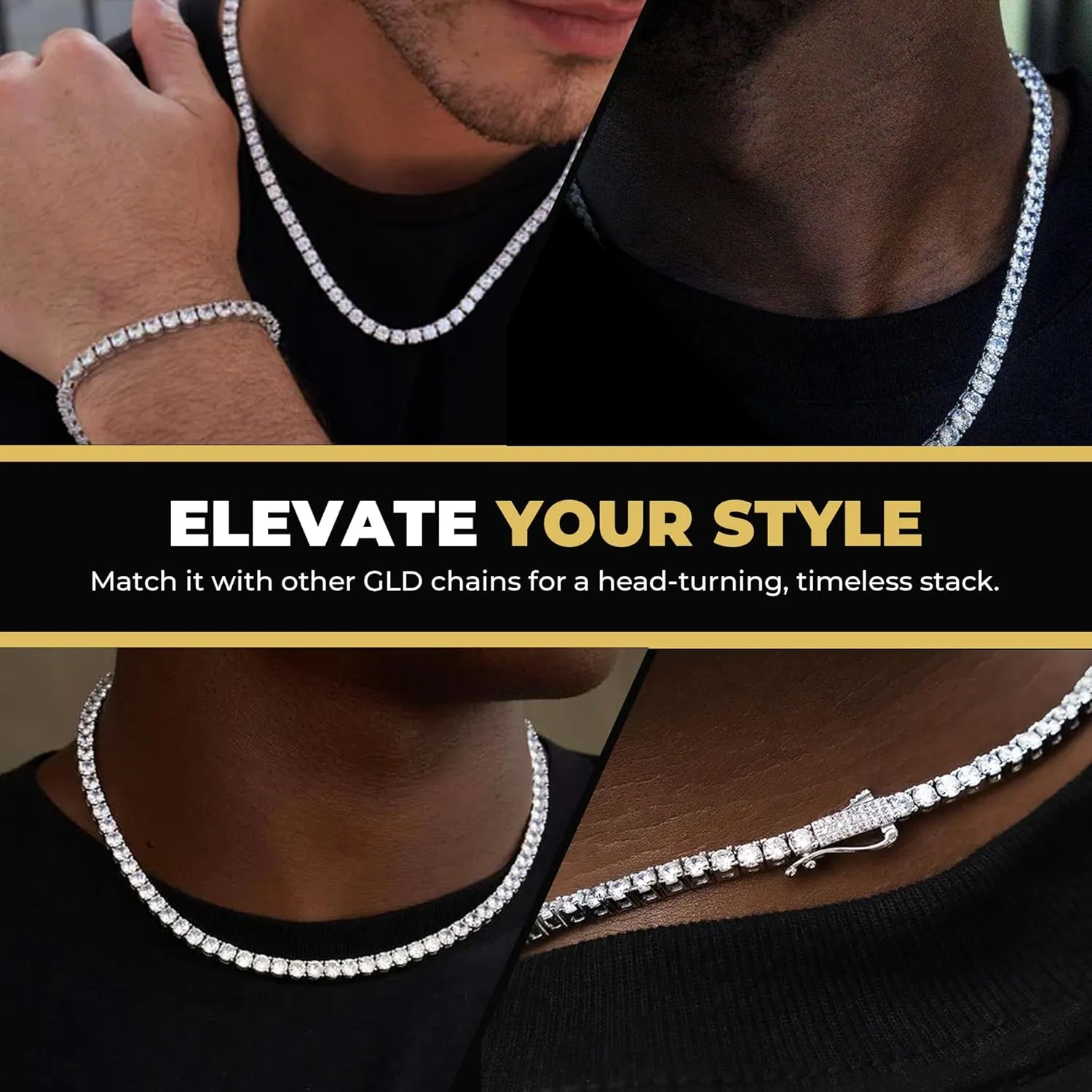 GLD Round Cut Tennis Chain Necklace - Iced Out Chain for Men and Women in Yellow, White and Rose Gold from Micro to 5MM, 16-24 - Available in Canary, Iced and Pink Iced