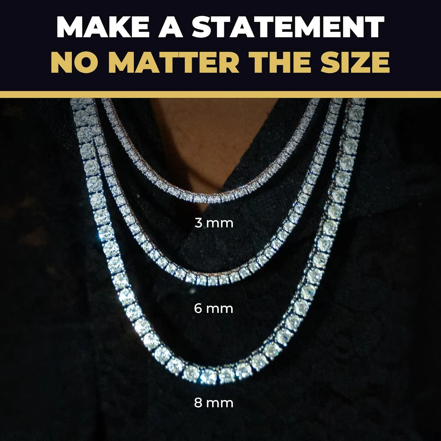 GLD Round Cut Tennis Chain Necklace - Iced Out Chain for Men and Women in Yellow, White and Rose Gold from Micro to 5MM, 16-24 - Available in Canary, Iced and Pink Iced